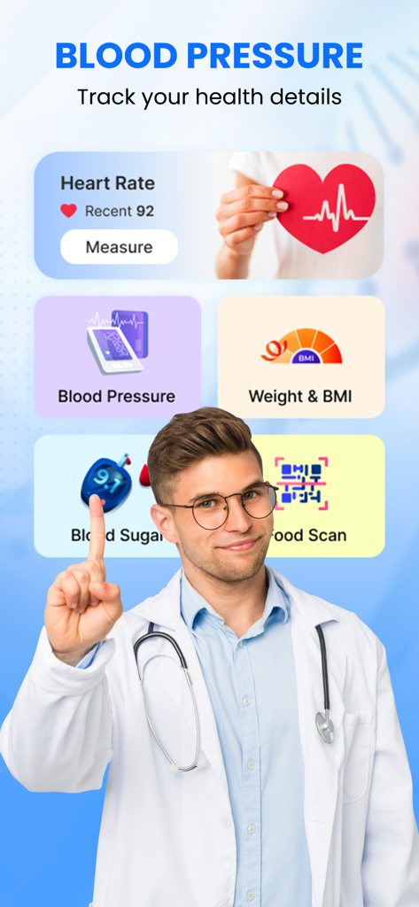 BMP: Blood Pressure Tracker - Un profesional médico presentando funciones de seguimiento de salud que incluyen presión arterial, ritmo cardíaco e IMC dentro de la interfaz de la aplicación BMP.