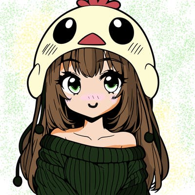 anime girl with chick shaped hat with sweater with bare shoulders with bangs covering them one eye with low tail