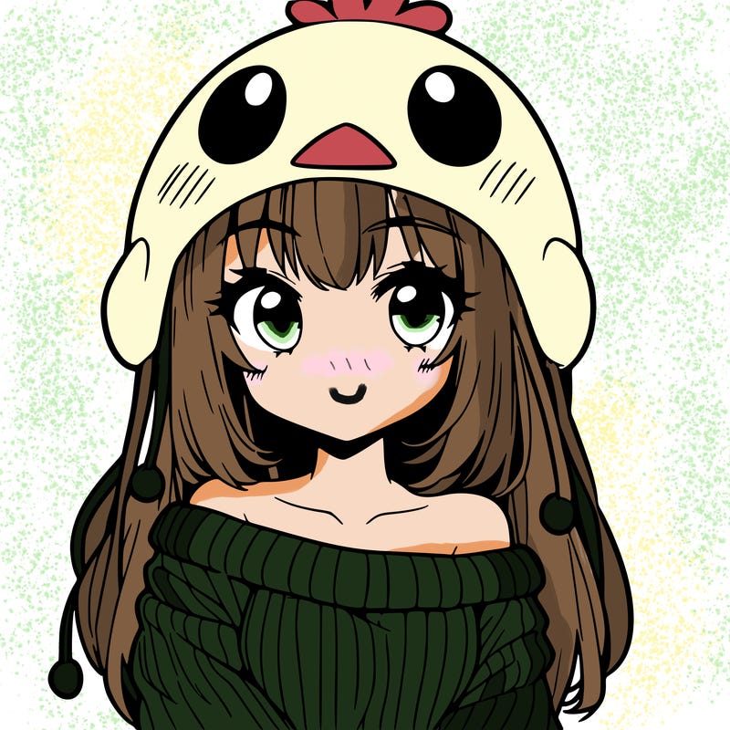 anime girl with chick shaped hat with sweater with bare shoulders with bangs covering them one eye with low tail