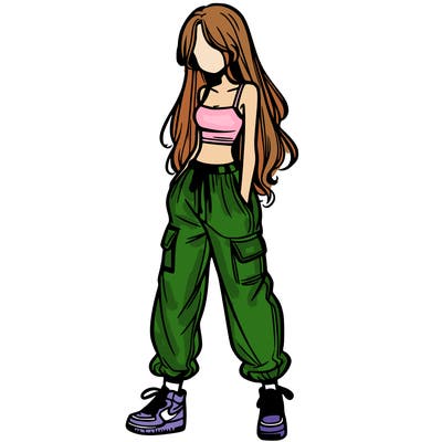 girl in baggy pants crop top and long hair