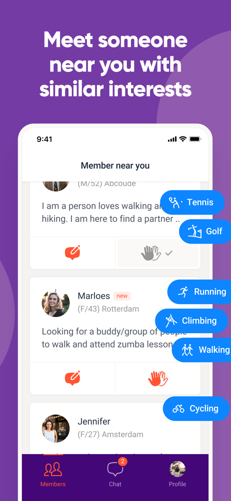 Sportpartner - Sportpartner App-Bildschirm, der Mitgliederprofile und Sportinteressen-Tags wie Tennis, Golf und Spaziergänge anzeigt