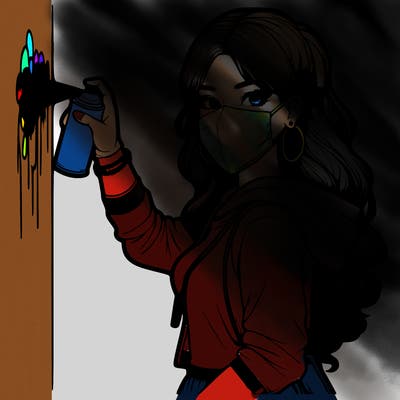 realistic girl with mask spray painting a wall