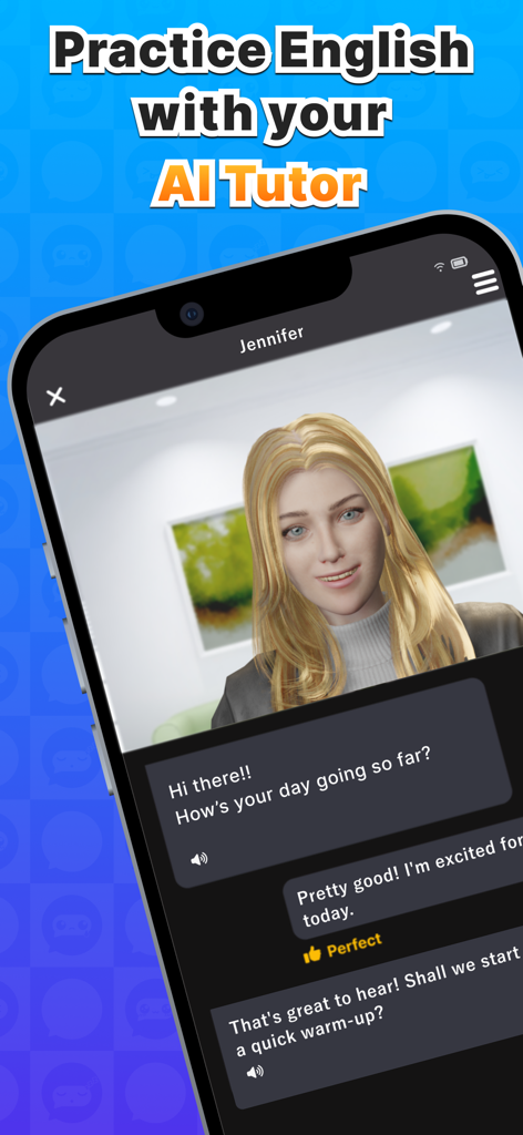 Speak English with Talkful AI - Smartphone screen showing a conversation with an AI English tutor named Jennifer in the Talkful app