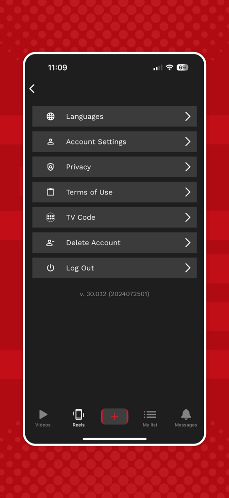 GOLS App - User settings screen of the GOLS app displaying account management options such as languages, privacy, and account settings.