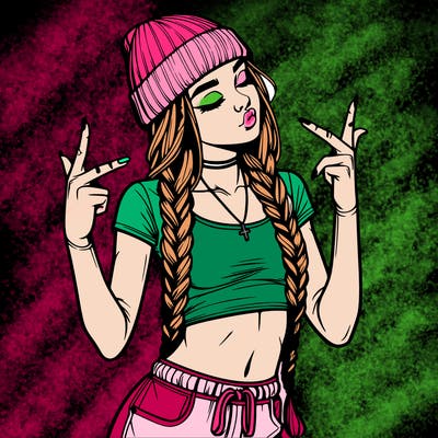 realistic teenage girl with braids and a beanie and crop top doing 🫶🏼