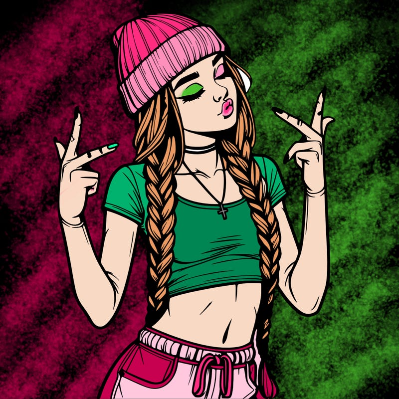 realistic teenage girl with braids and a beanie and crop top doing 🫶🏼
