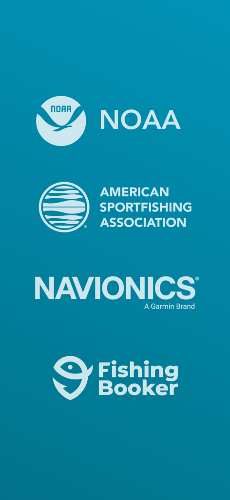 Fishbox - Smart Fishing App - Logos of Fishbox partners including NOAA American Sportfishing Association Navionics and FishingBooker