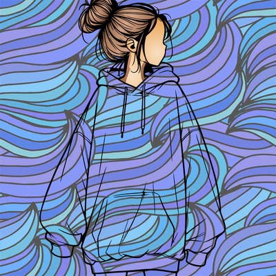 realistic girl with a oversized sweatshirt on and a bun