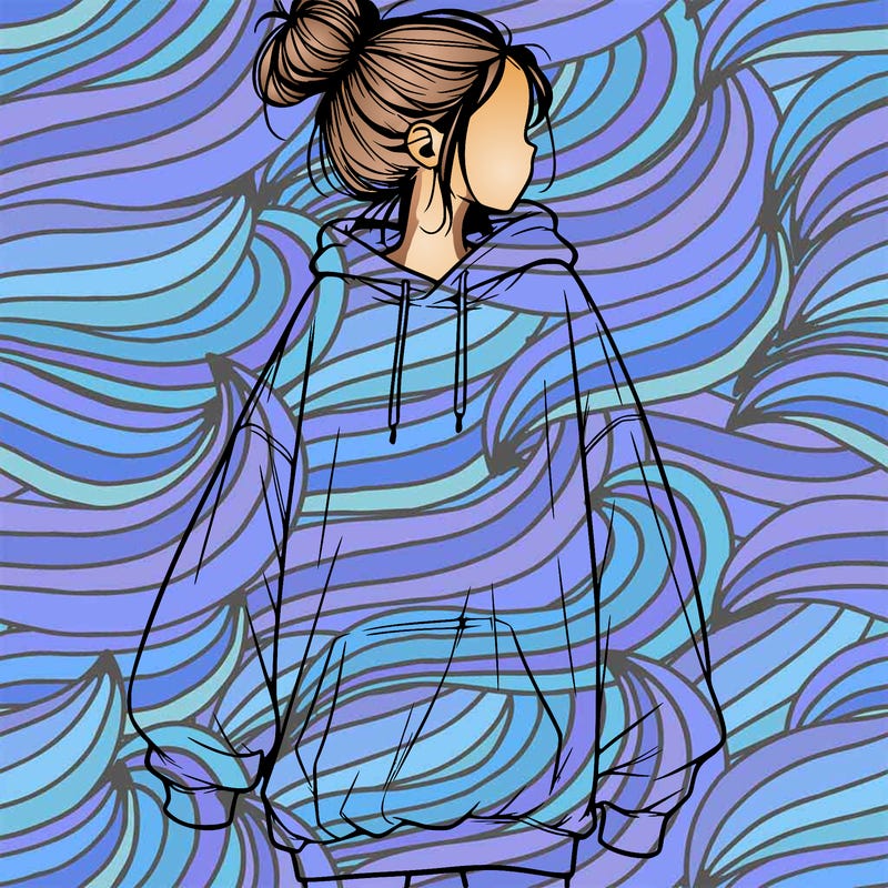 realistic girl with a oversized sweatshirt on and a bun