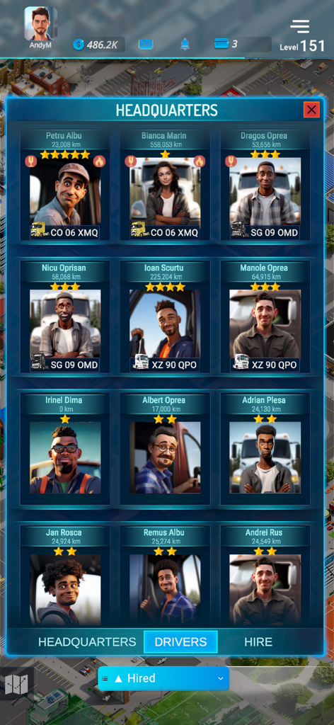 Virtual Truck Manager 3 - A menu in the Virtual Truck Manager 3 app showing a grid of hired drivers with their names, photos, ratings, and total distance driven.