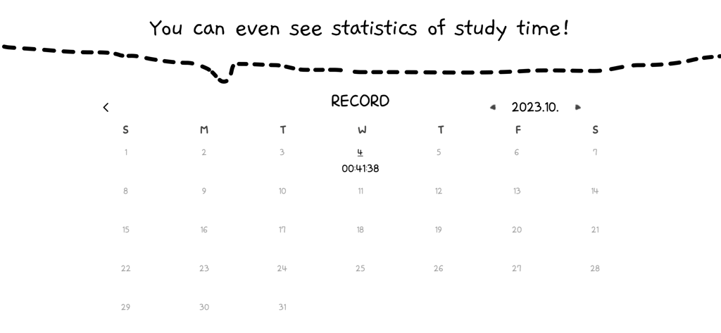 Study Time With Rain: Pomodoro - Monthly calendar view showing study time statistics in a hand-drawn style