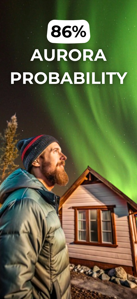 A man looking up at the vibrant green Northern Lights above a cabin with a text overlay indicating 86 percent aurora probability