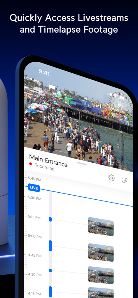 Interfaz de la aplicación UniFi Protect mostrando una transmisión de video en vivo y una línea de tiempo de grabación timelapse