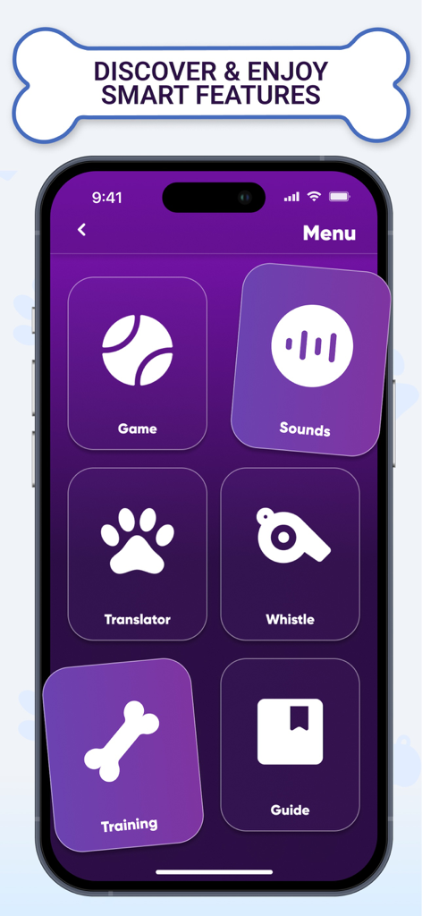 Pawfy app menu screen featuring icons for dog translation, pet games, training whistles, and sounds.