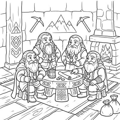 Step into a world of fantasy and wisdom with this captivating coloring page featuring Dwarf Clan Elders. Young artists aged 4-8 will love bringing these esteemed characters and their cozy cavern setting to life.