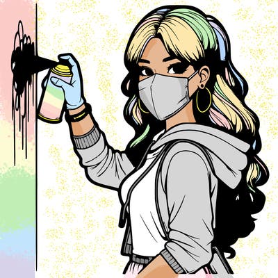 realistic girl with mask spray painting a wall