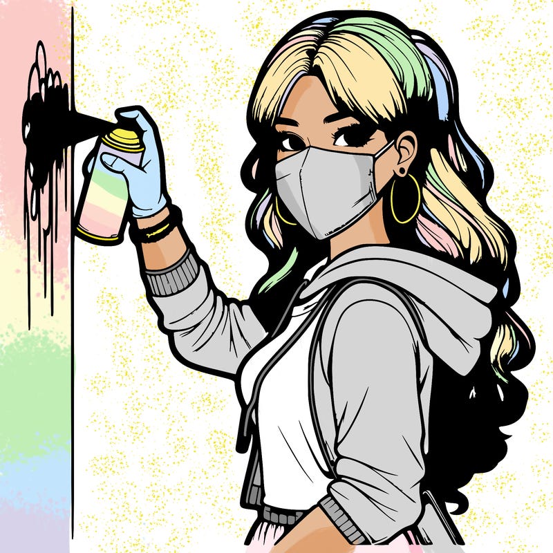 realistic girl with mask spray painting a wall