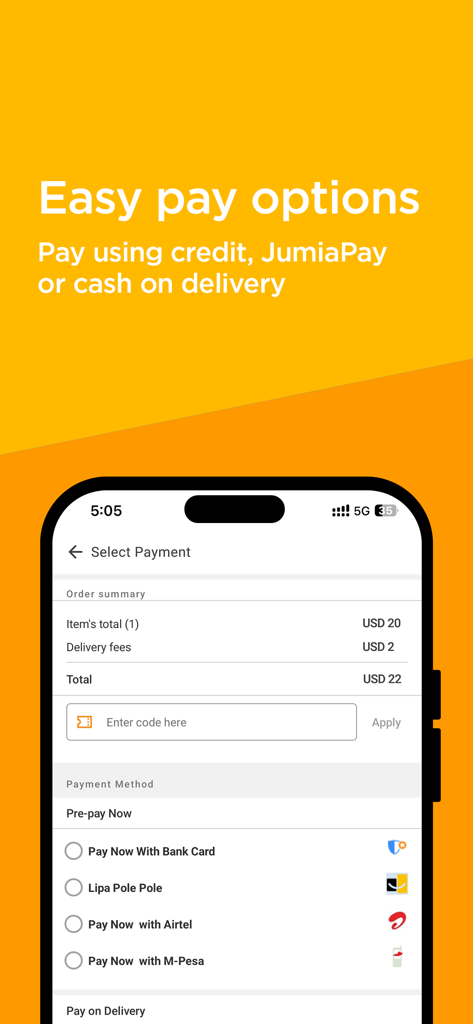 Jumia Online Shopping - Écran de paiement de l'application Jumia affichant le récapitulatif de la commande et plusieurs options de paiement, notamment les cartes bancaires et le paiement mobile.