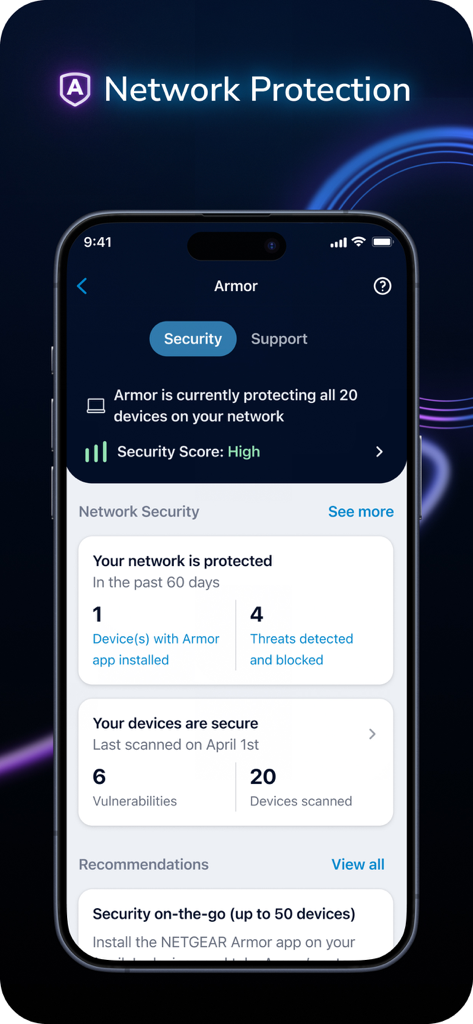 NETGEAR Orbi app interface showing Armor cybersecurity features and network protection status