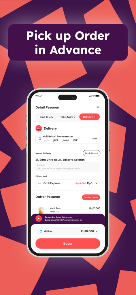 JIWA+ by Kopi Janji Jiwa - JIWA+ mobile app interface showing a coffee delivery order summary with address details and payment button