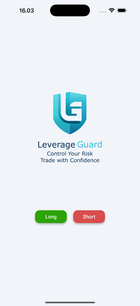 Leverage Guard - Splash screen of Leverage Guard crypto trading risk calculator app featuring the logo and options to choose between Long or Short positions.
