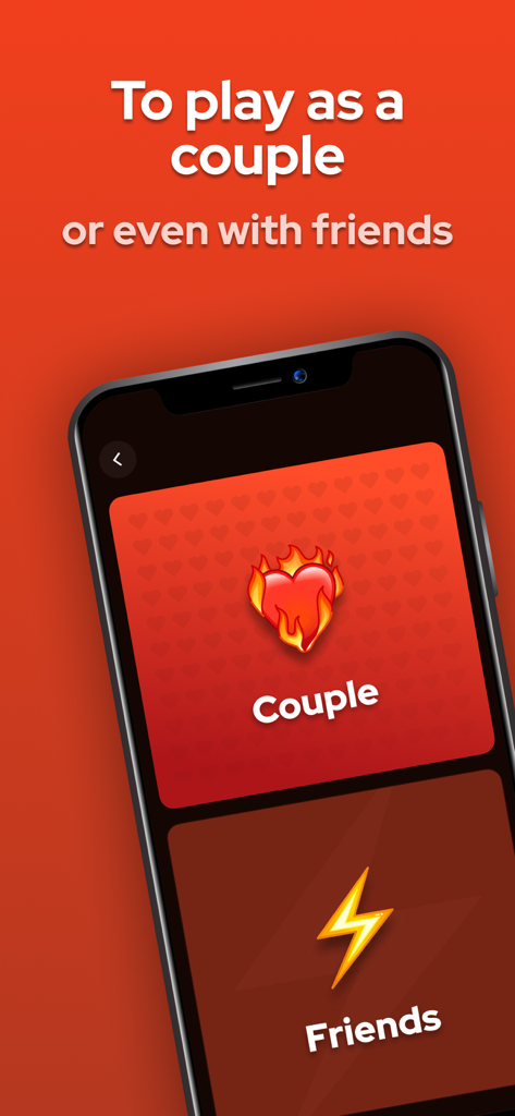 Debatium - Couple Game Convo - App-Oberfläche, die Spielmodi für Paare und Freunde anzeigt