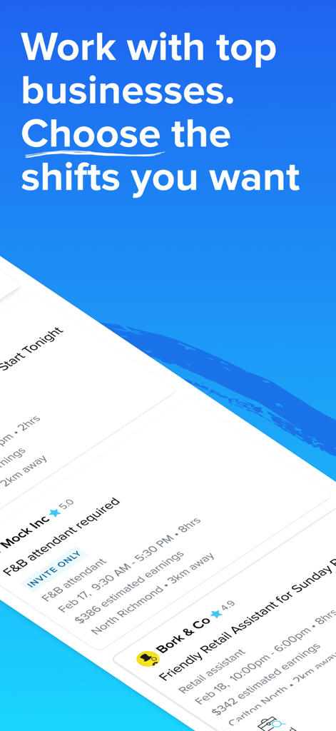Benutzeroberfläche der Sidekicker-App mit einer Liste verfügbarer Schichten mit Details zu Bezahlung, Unternehmensbewertungen und Standorten.