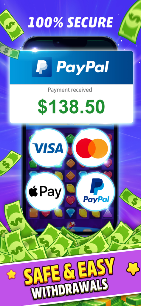 Match 3 Win Cash: Real Money - Retiros de efectivo seguros con PayPal y Apple Pay en el juego Match 3 Win Cash
