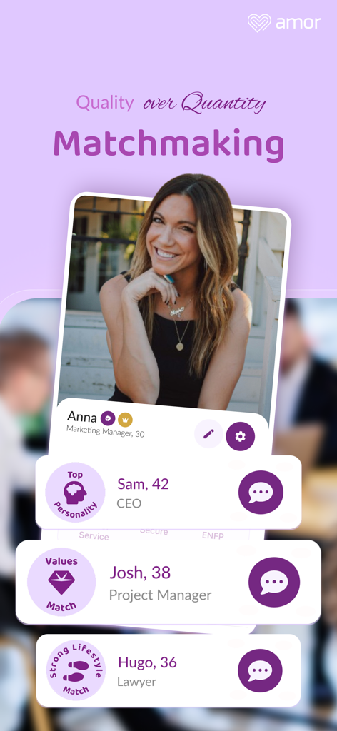Amor Dating & Matchmaking - Amor dating app interface displaying curated matches and professional profiles for intentional dating