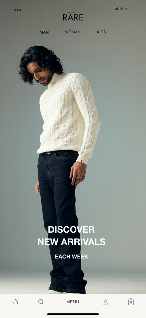 HOUSE OF RARE - House of Rare app homepage featuring men's luxury new arrivals and a white cable knit sweater