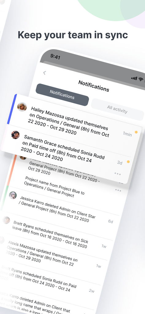 Float App Benachrichtigungsbildschirm mit Echtzeit-Teamzeitplan-Aktualisierungen und Aktivitätsprotokollen