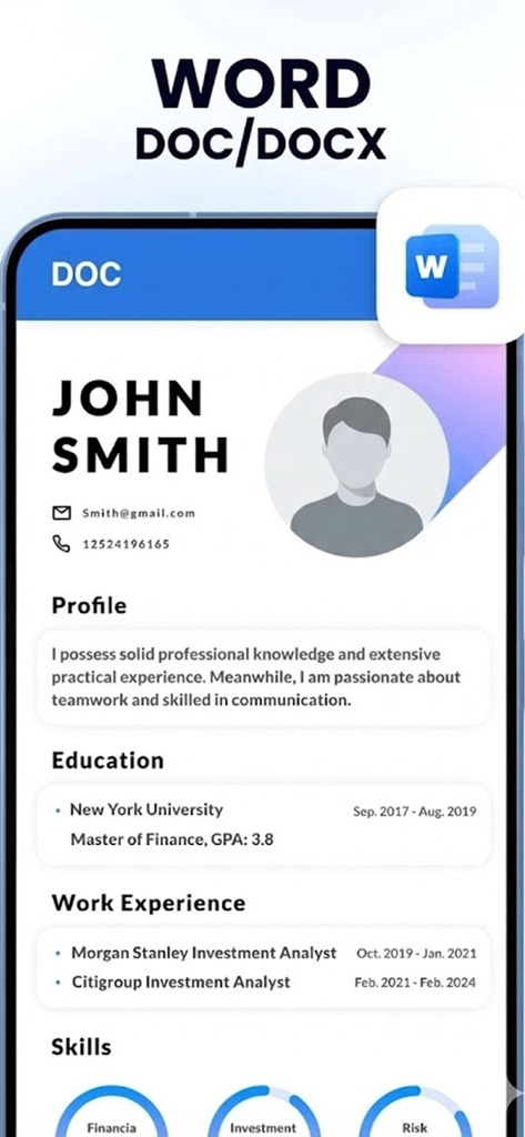Pantalla de iPhone mostrando un currículum en formato Word en la aplicación Visor de Documentos