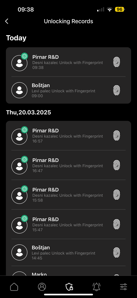 A mobile interface displaying a list of recent door unlocking records with user names, timestamps, and fingerprint icons.
