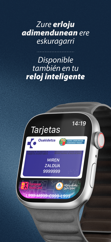 NIK Patrika Digitala - Eine Apple Watch, die eine digitale Gesundheitskarte und eine Jugendkarte aus der NIK Patrika Digitala App anzeigt.