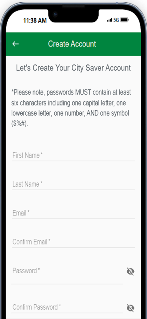 City Saver Mobile Plus - Create account screen for City Saver Mobile Plus showing registration fields for name, email, and password.