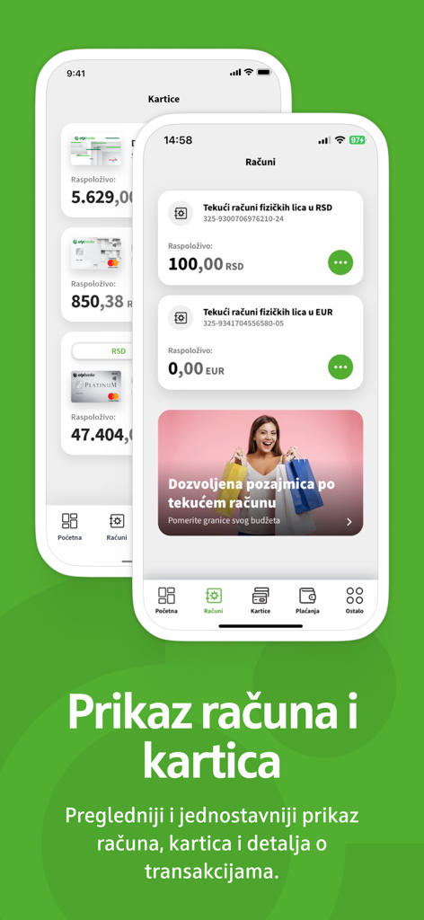 OTP m-bank mobile app interface showing bank account balances and credit card details