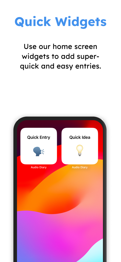 Widgets da tela inicial do aplicativo Diário de Áudio para entradas rápidas de voz e ideias.