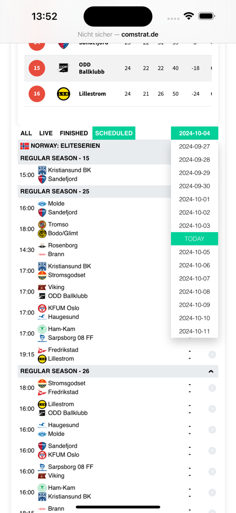 La aplicación Real Odds Football muestra partidos de fútbol programados de la Eliteserien de Noruega con un menú de selección de fecha