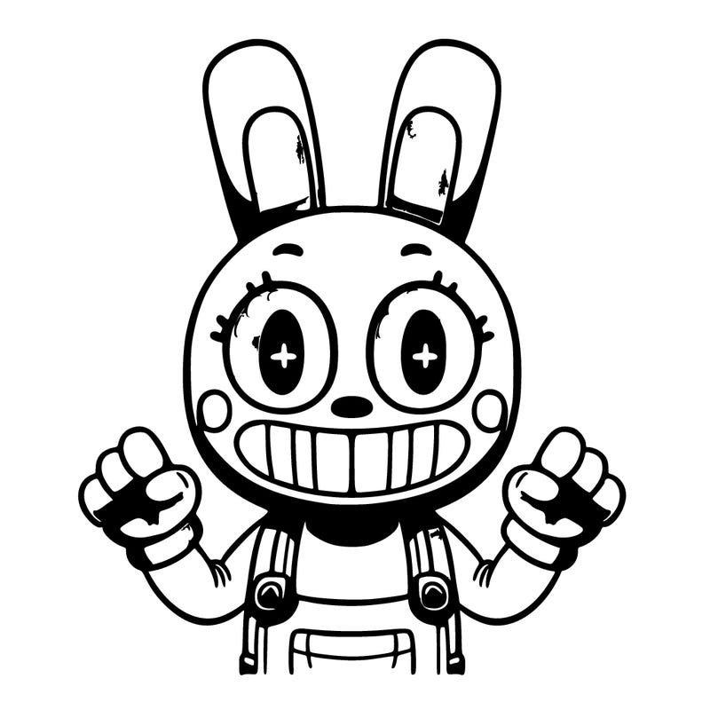 a purple humanoid like rabbit with yellow eyes teeth and gloves and pink overalls