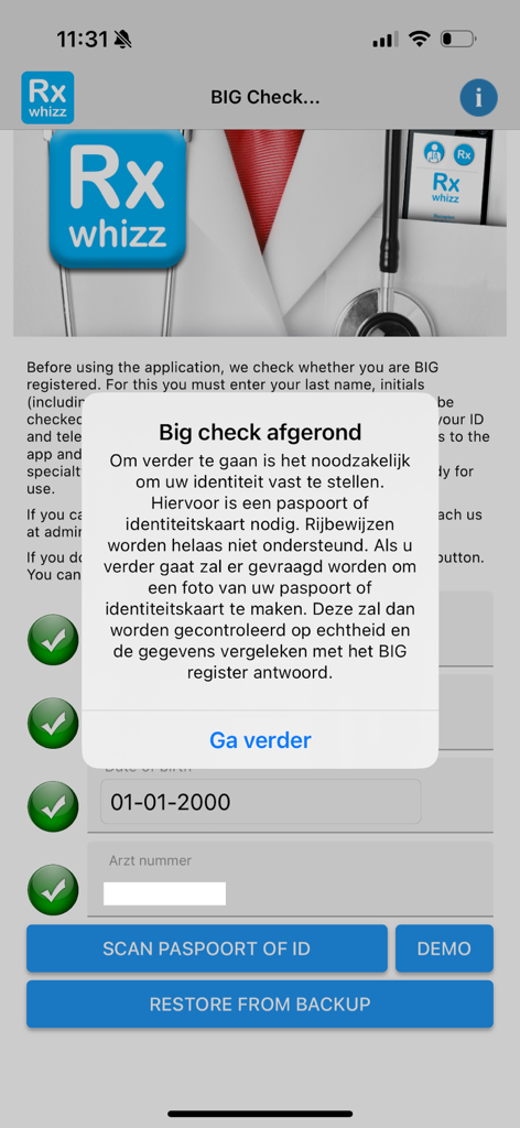 Rx whizz - Identity verification screen in the Rx Whizz app showing a medical registration check popup.