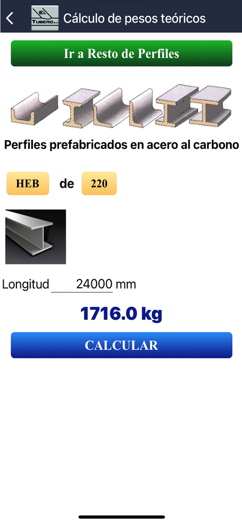 Interfaz de la aplicación móvil para calcular el peso teórico de perfiles de acero al carbono