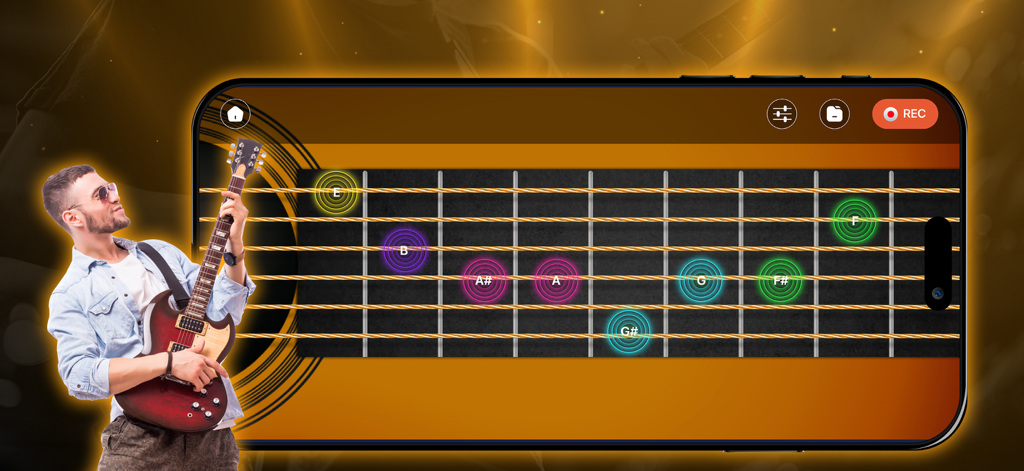 GuitarBase: Play, Learn Guitar - Diapasón de guitarra virtual en Modo Solo con marcadores de notas coloreados en la pantalla de un smartphone.