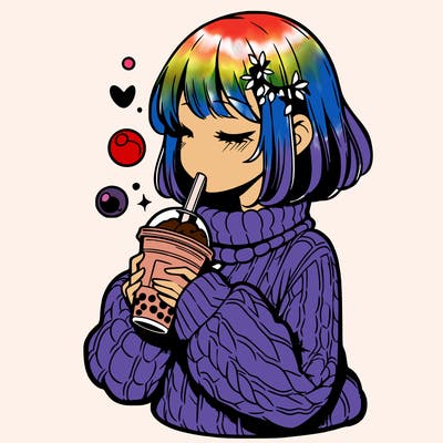 manga girl drinking boba in cozy sweater