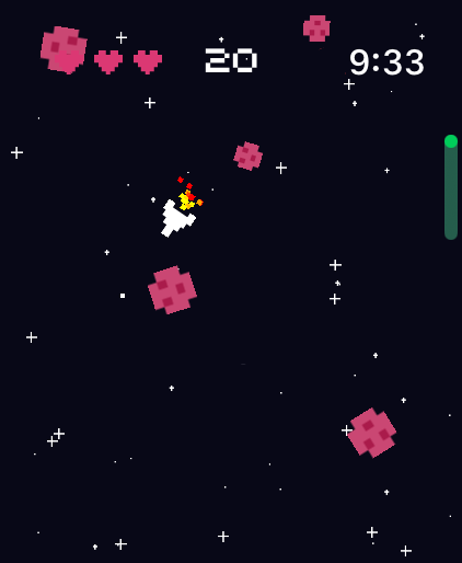 Pixel art spaceship shooting asteroids in a space themed arcade game on Apple Watch