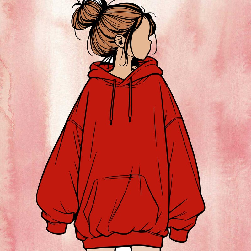 realistic girl with a oversized sweatshirt on and a bun
