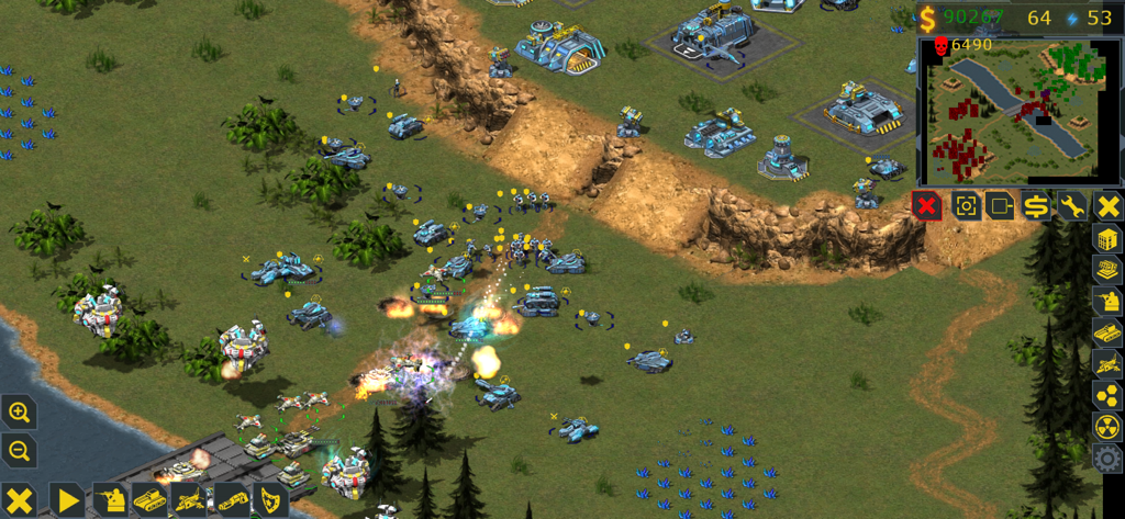 Gameplay screenshot of RedSun RTS showing a military base and tanks in battle