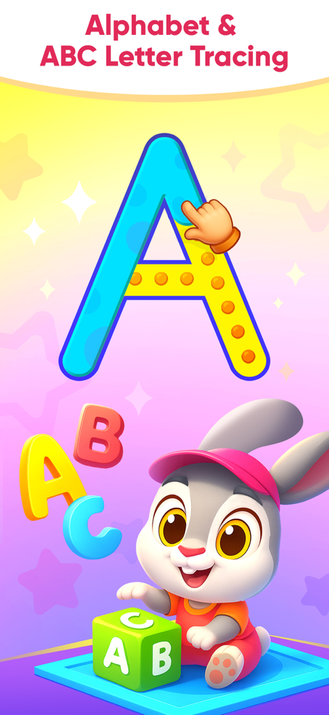 ABC Learning Games for Kids 3+ - Un lindo conejo de dibujos animados junto a una gran letra A siendo trazada por un dedo en una aplicación de educación preescolar