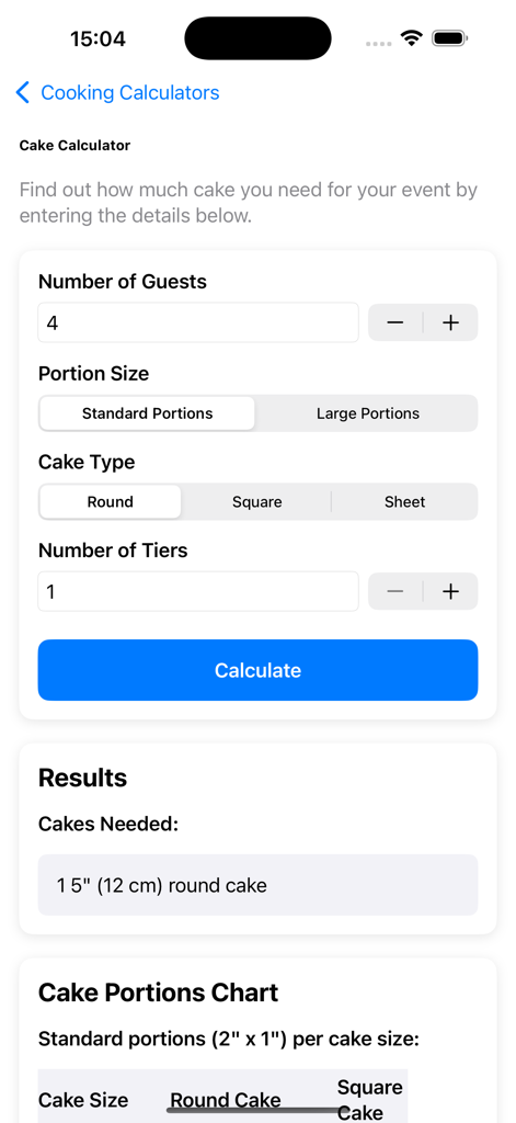 Cooking Baking Calculators - Cake portion calculator screen in the Cooking Baking Calculators app showing options for guests and cake type
