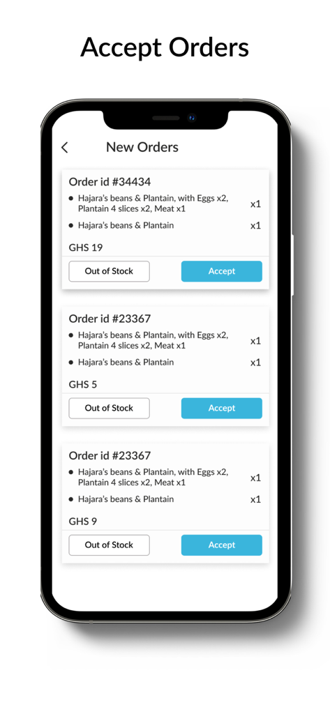 Night Market Vendor - Interfaz de la aplicación Night Market Vendor que muestra nuevos pedidos de comida del campus con opciones para aceptar o marcar como agotado.