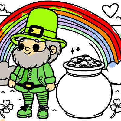 leprechaun with rainbow and pot of gold